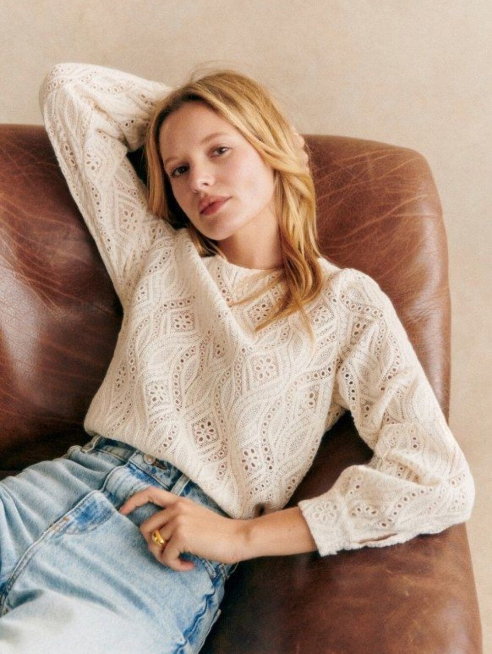 Sezane Guipure Lace Embroidery Long Sleeve Blouse Size 40/Large